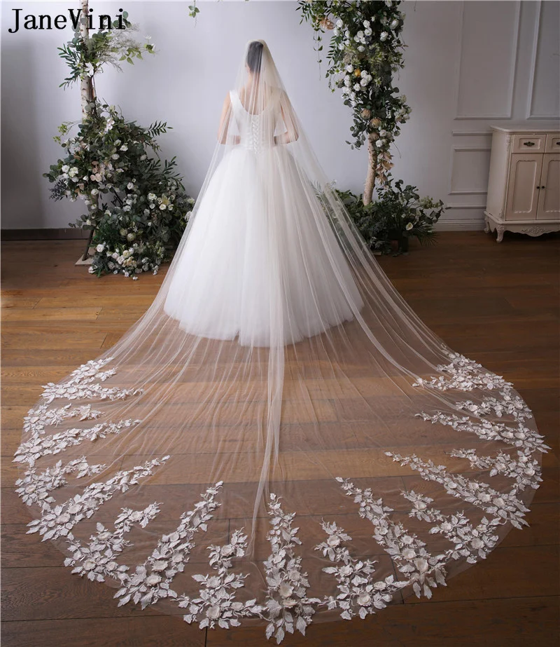 

JaneVini Elegant Floral Lace Appliques Bridal Veils 3.5 Meters Long Veils for Women Wedding Veil with Comb Schleier Braut 2022