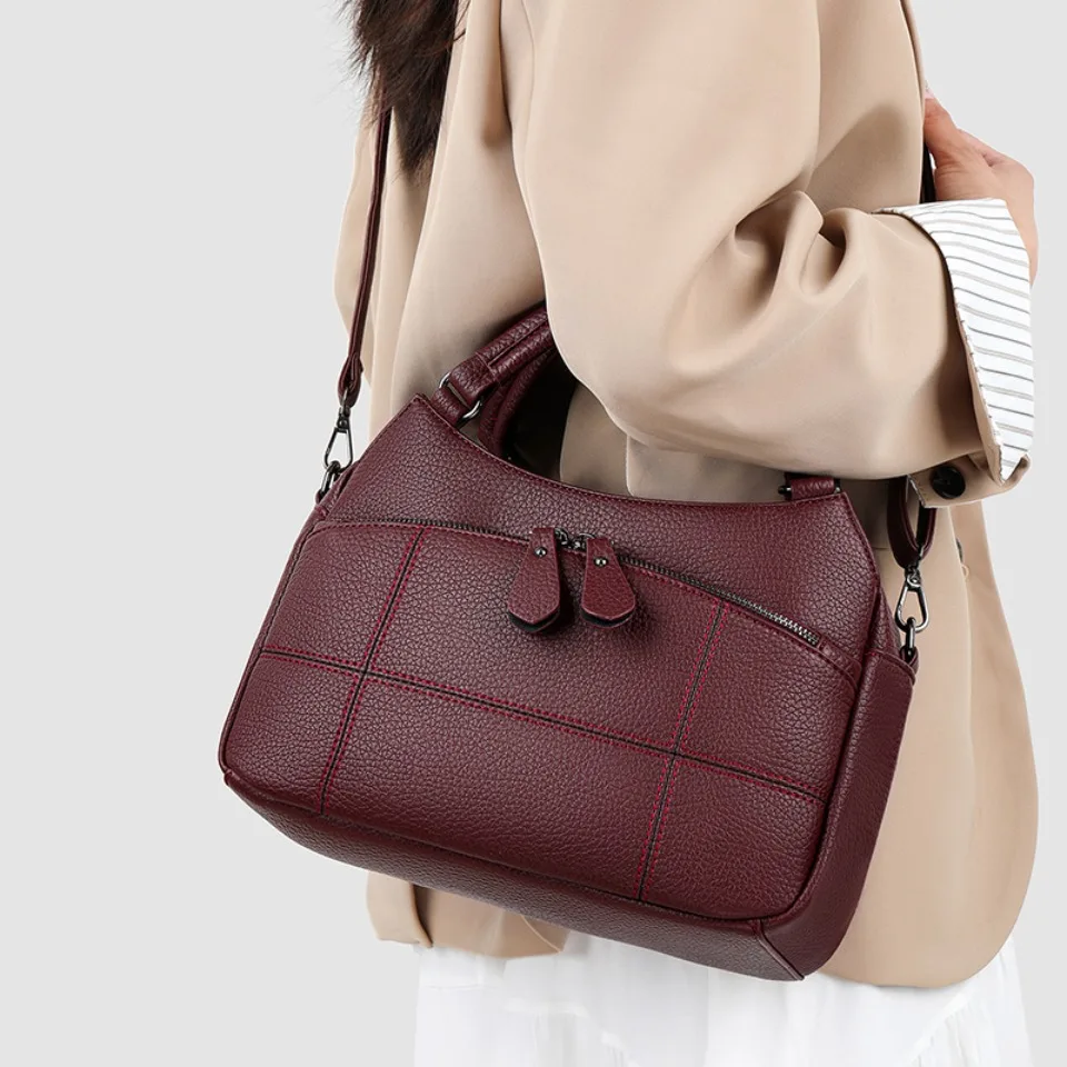 Women's Leather Handbag Small Casual Tote Crossbody Hand Bag for Daily Use Mother Shoulder Bag with Three Zipper Pockets 2026