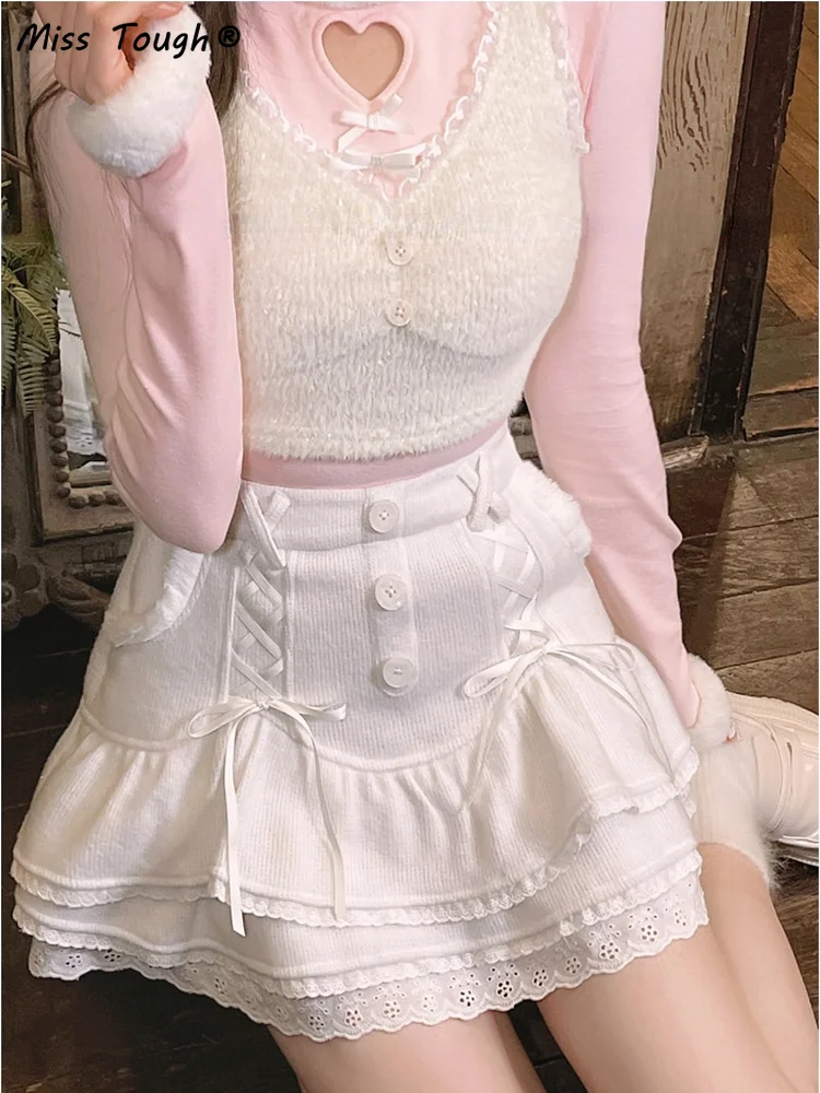 Japanese Sweet Lolita Mini Skirt Women Winter Lace Casual Elegant Kawaii Female Skirt High Waist Bandage Korean Y2k Skirt 2024