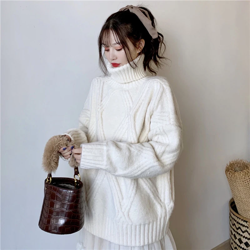 Korean Turtleneck Knitted Sweater Women 2024 Autumn Pink Beige Purple Long Sleeve Casual Loose Jumpers Ladies Pullover Knitwear