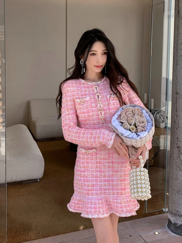 

Small Fragrance Style Sweet French High-End Pink Tweed Dress Women's O-Neck Long Sleeved Knitted Woolen Dress