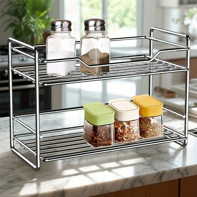 2 Tier Stainless Steel Kitchen Organizer Countertop Shelf, Seasoning Organizer, Modern Sturdy Spice Rack for Kitchen, Bathroom