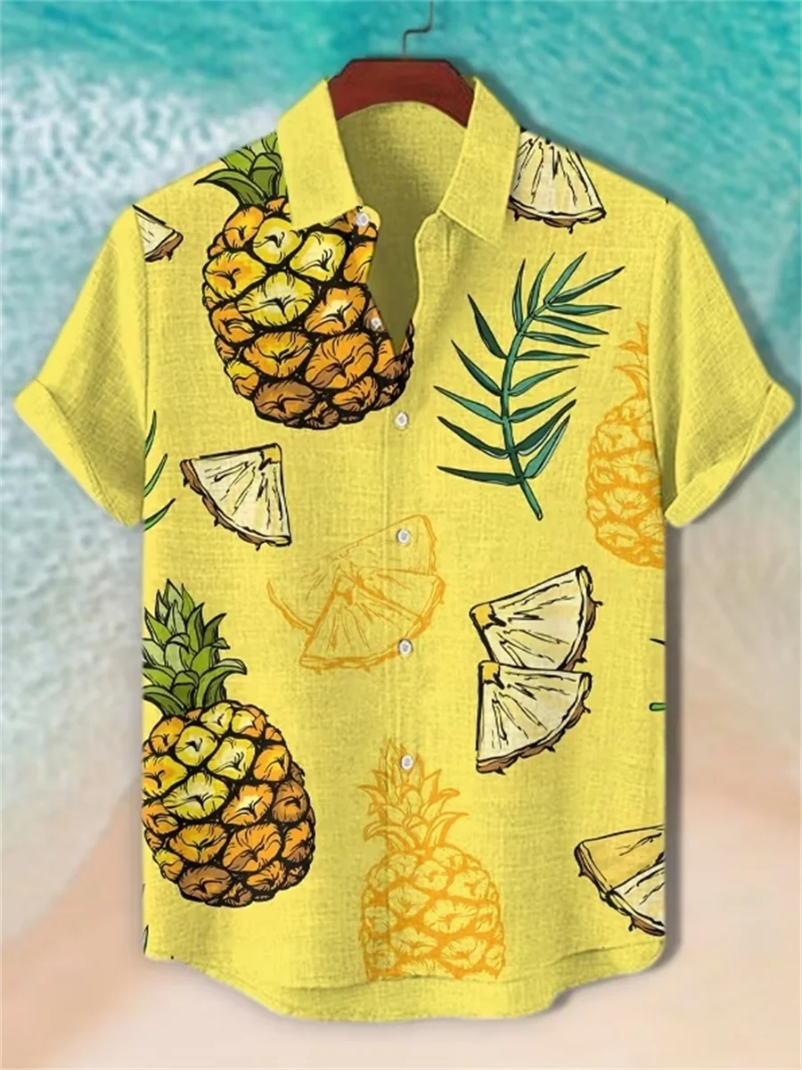 Men's Shirt Tropical Pineapple Fruit Print Short Sleeve Lapel Button Shirts Summer Beach Vacation Casual Tops Men Clothing