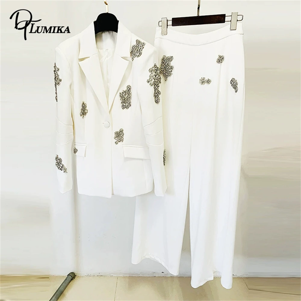 DTLumika بلورات 2 قطعة بدلة رسمية مجموعة للنساء S-2XL حجم كبير سليم سهرة سليم مسابقة الأعمال عشاء البدلة سترة السراويل