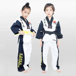 Sztuki walki TKD Tae Kwon Do Korea V-neck Taekwondo Dobok dla Poomsae & Training WTF Uniform 110-190cm Czarno-niebieski