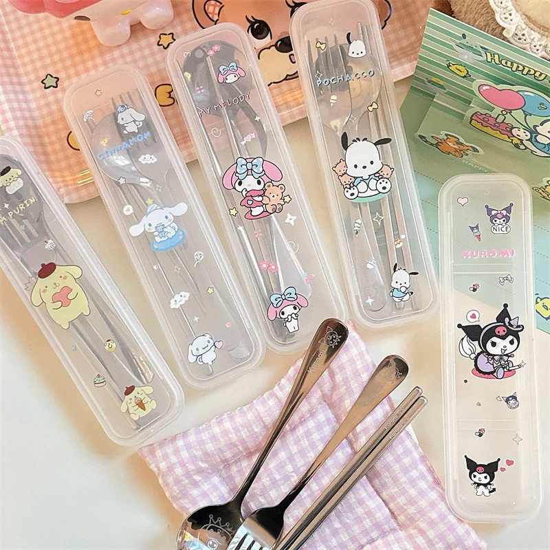 

Sanrio Spoon Fork Chopstick Tableware Sets Pochacco Kuromi Mymelody 3Piece Cartoon Cutlery Set Outdoor Portable Anime Tableware