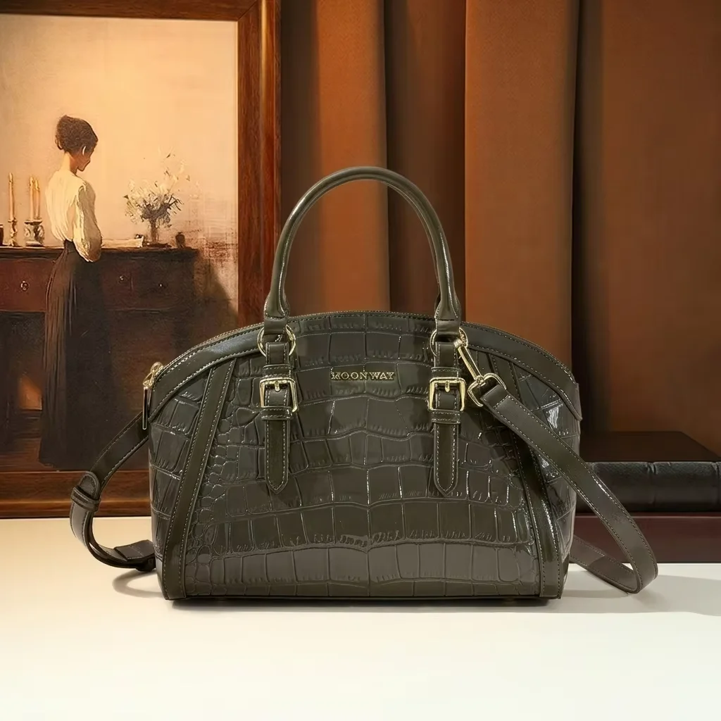 

Classic Crocodile Printed Dome Satchel with Buckled Handles, Luxury Olive Green Designer Shoulder Purse, Vintage Crossbody Bag