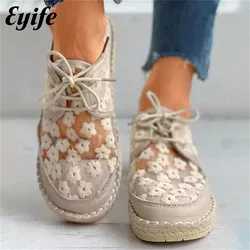 Summer Comfortable Loafers 2024 Women's Retro Mesh Breathable Flat Casual Shoes 35-40 Hollow Embroidery Lace Up Female Sneakers