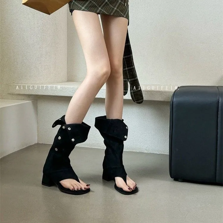 

Women's Suede Toe Post Tall Boots, Button Decor Fold-over Chunky Heel, Open Toe Casual Summer Footwear for Daily Street Style
