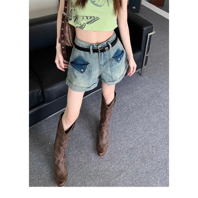 봄과 여름에 입기 좋은 여성용 레트로 데님 반바지 얇은 디자인 니치 하이웨이스트 루즈 A라인 스트레이트 와이드 레그 반바지