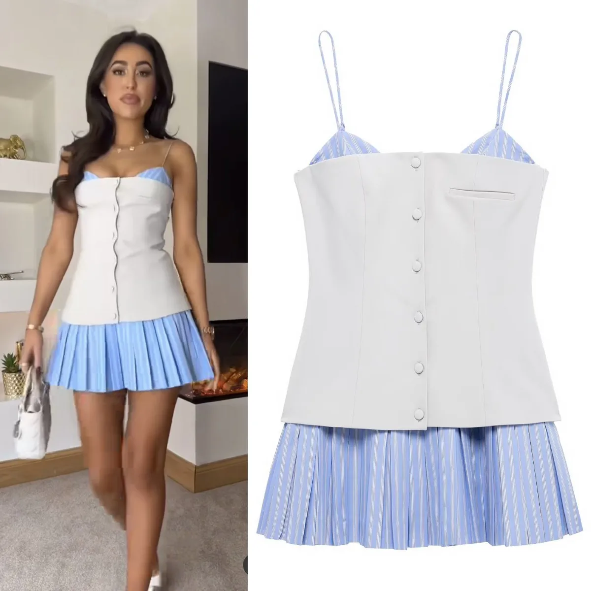 

LIBIELIY женское весеннее новое сексуальное платье-комбинация со складками по подолу, модное контрастное короткое платье из поплина в стиле пэчворк