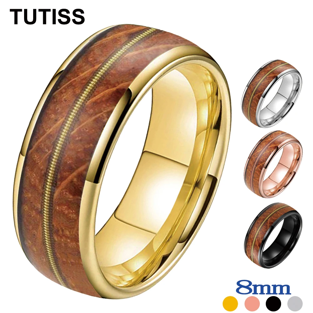 TUTISS 8mm Tungsten Carbide Rings for Men Women Guitar Strings and Barrel Wood Inlay Wedding Band Comfort Fit Size 7-13