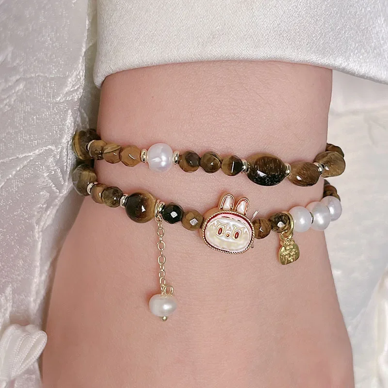 New Cartoon Labubu Bangle for Women Fashion Tiger Eye Stone Yellow Crystal Pearl Beads Bracelet Jewelry Girl&Child Holiday Gifts