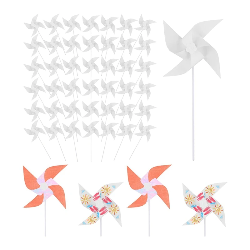 50Pcs DIY Kids Paper Pinwheels, White Blank Paper Pinwheels Blank Plastic Windmills Small Pinwheels For Kids Summer