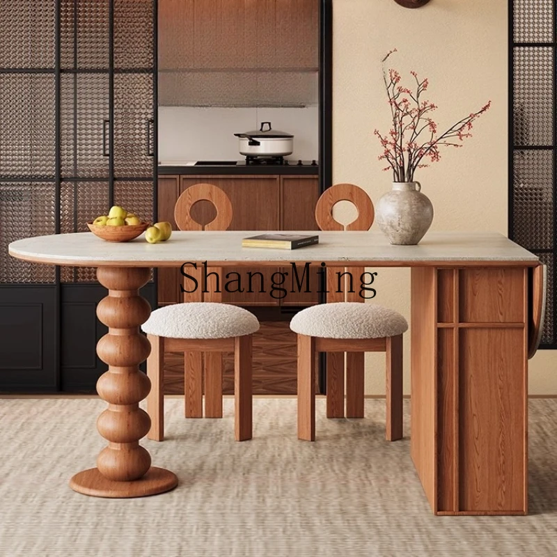 

SM travertine rock slab dining table, antique and retro home dining table, oval folding dining table against the wall