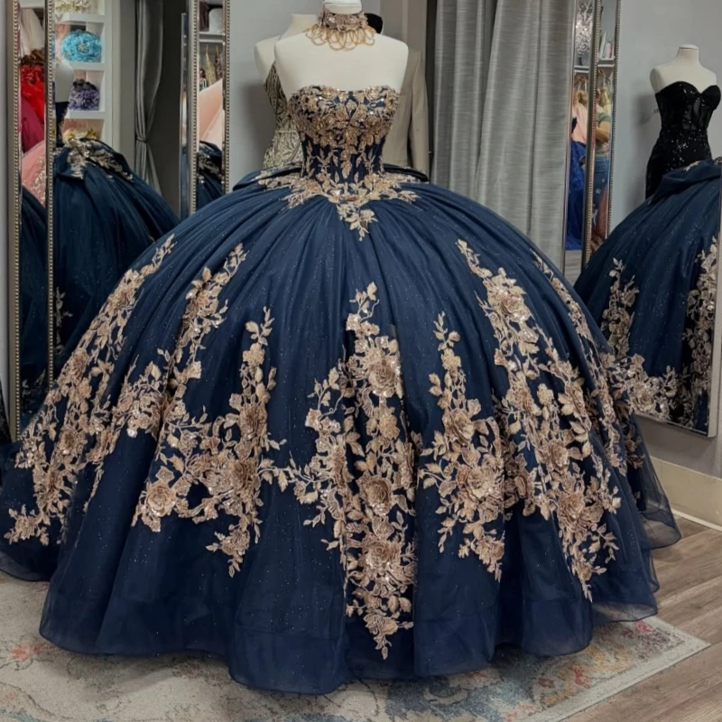 

Navy Blue Shiny Quinceanera Dresses Off The Shoulder Gold Applique Flower Beads Bow Tull Party Birthday Sweet 16 Dress Vestidos