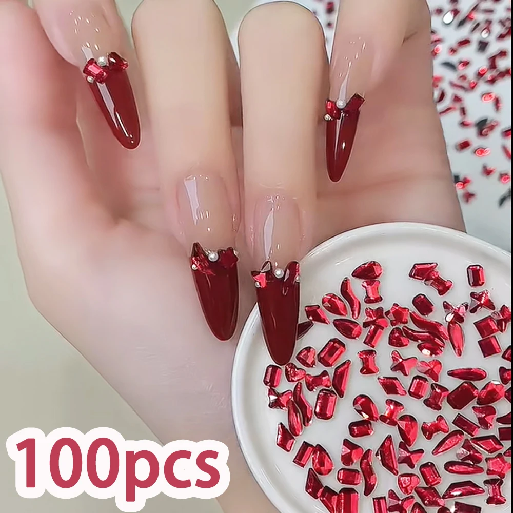 100pcs Red Mixed Nail Rhineston Accessories Multiple Special Shaped Flat Back Crystals Nail Stones DIY New Year Manicure Charm