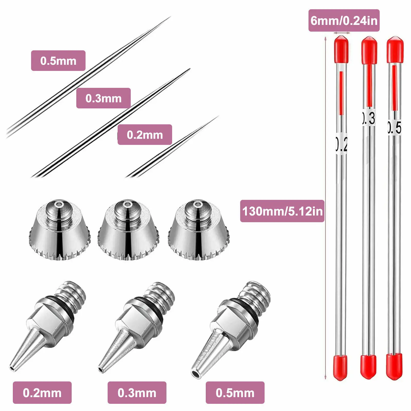 에어브러시 깍지 바늘 키트 교체 부품, 에어브러시 스프레이건 분무기 액세서리 수리 도구, 0.2mm 0.3mm 0.5mm, 세트당 3 개 