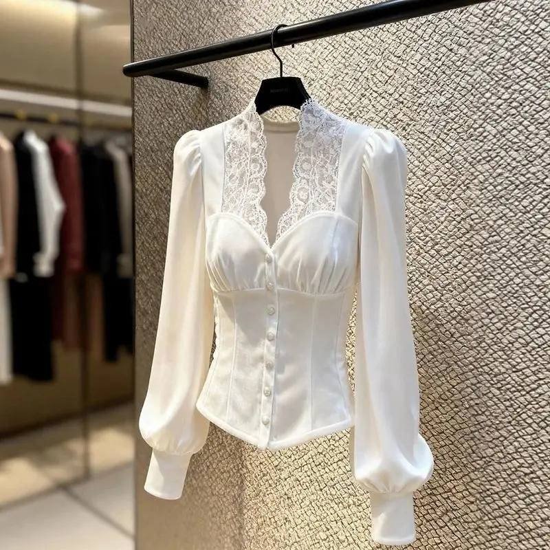 

Ele Lace Patchwork Velvet irt Women's Faion Autumn Winter New Sle Super Fairy Base Top French Sle Slim Fit Long S...