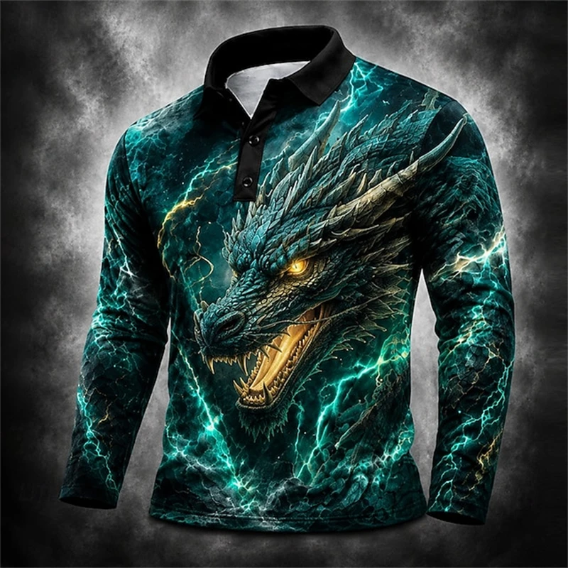 Men's Autumn Long-Sleeve Collared Polo Shirt Cool Dragon Print Button Detail Loose Casual Trendy Outdoor Street-Style Top