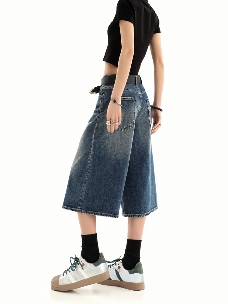 Retro Blue Knee Length Denim Shorts for Women Casual Bermuda Jeans Loose Wide Leg Pants Trendy Streetwear Summer Y2k 2024