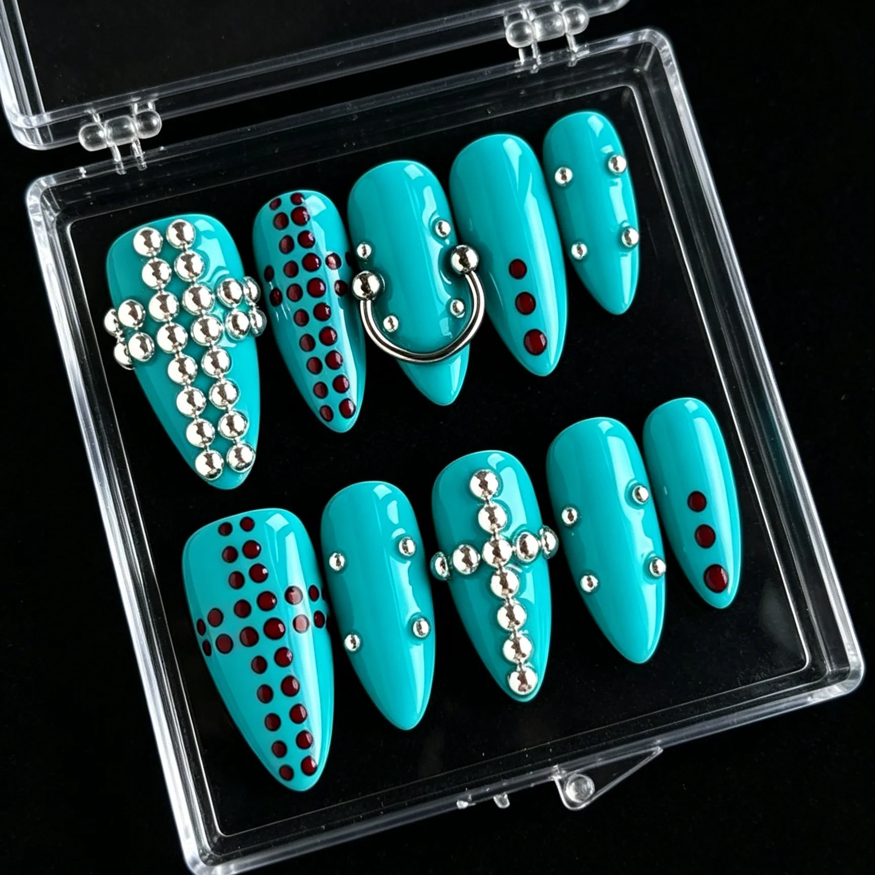 10 faux ongles en forme d'amande pressés à la main, magnifiques faux ongles, anneau de nez en métal bleu lac, adapté aux femmes