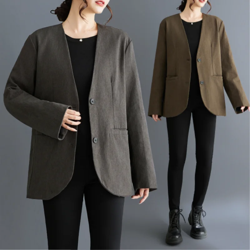 Deep Grey High Quality Woolen Suit Jacket Women's V-Neck Korean Style Commuter Coat Nylon Fabric Long Sleeve  Color