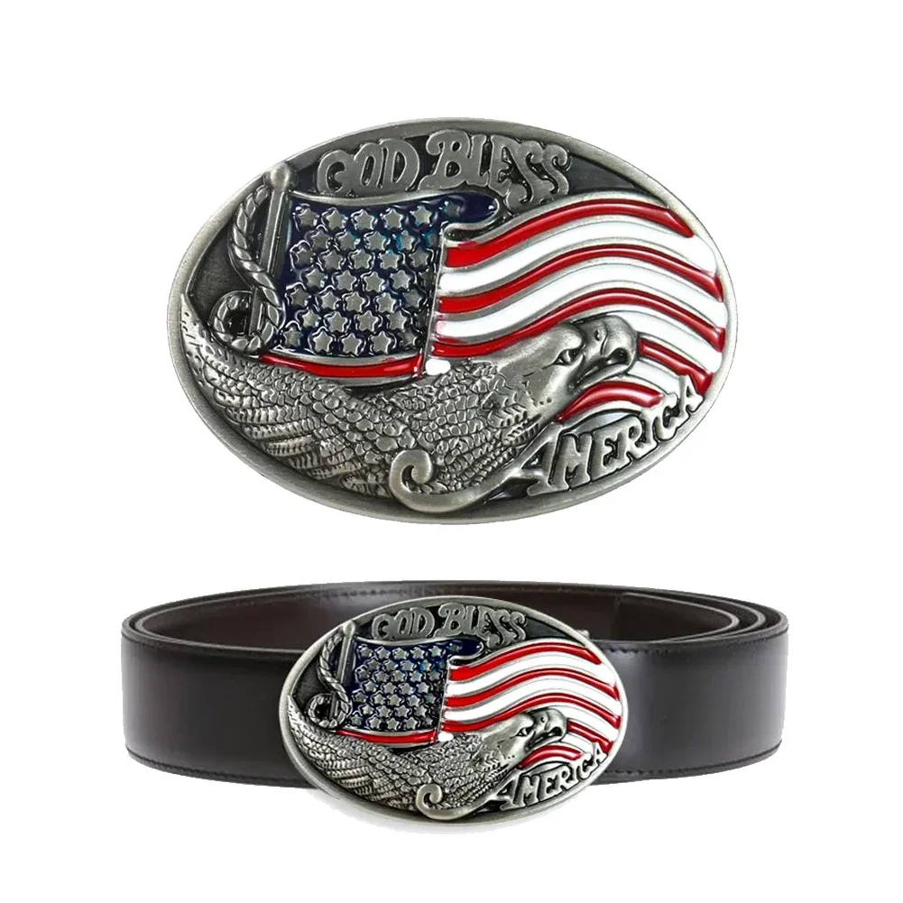 Metal American Eagle Flag Belt Buckle for Men God Bless Western Cowboy Jeans Decor Accessory Fits 4cm Wide Belt Clip Fastener