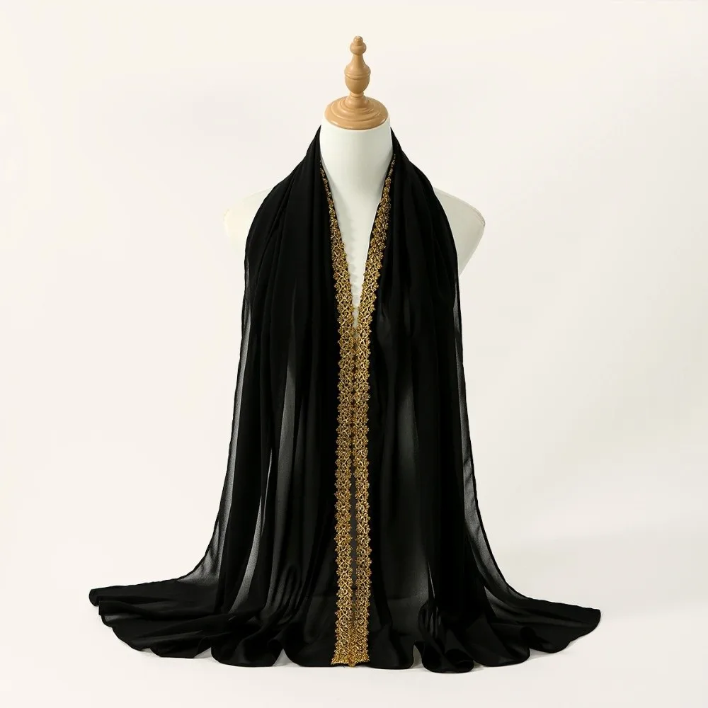 

Chiffon Material Eid al-Fitr Hijab Golden Wave Premium Embroidery Modest Covering Scarf Soft Breathable Solid Color Shawl Wrap