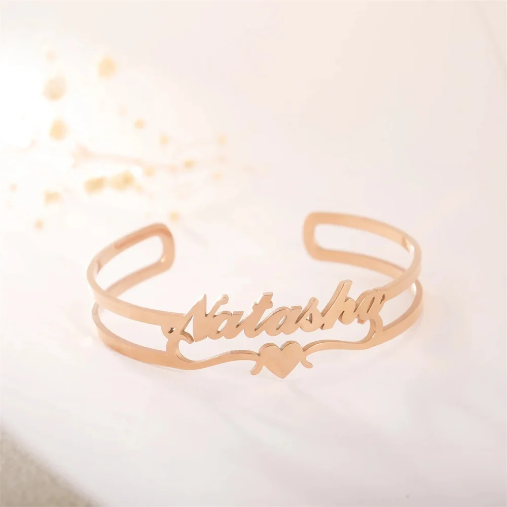 

Customize Name Bangle with Heart Personalize Custom Stainless Steel Nameplate Bracelets for Women Men Fashion Custom Jewelry