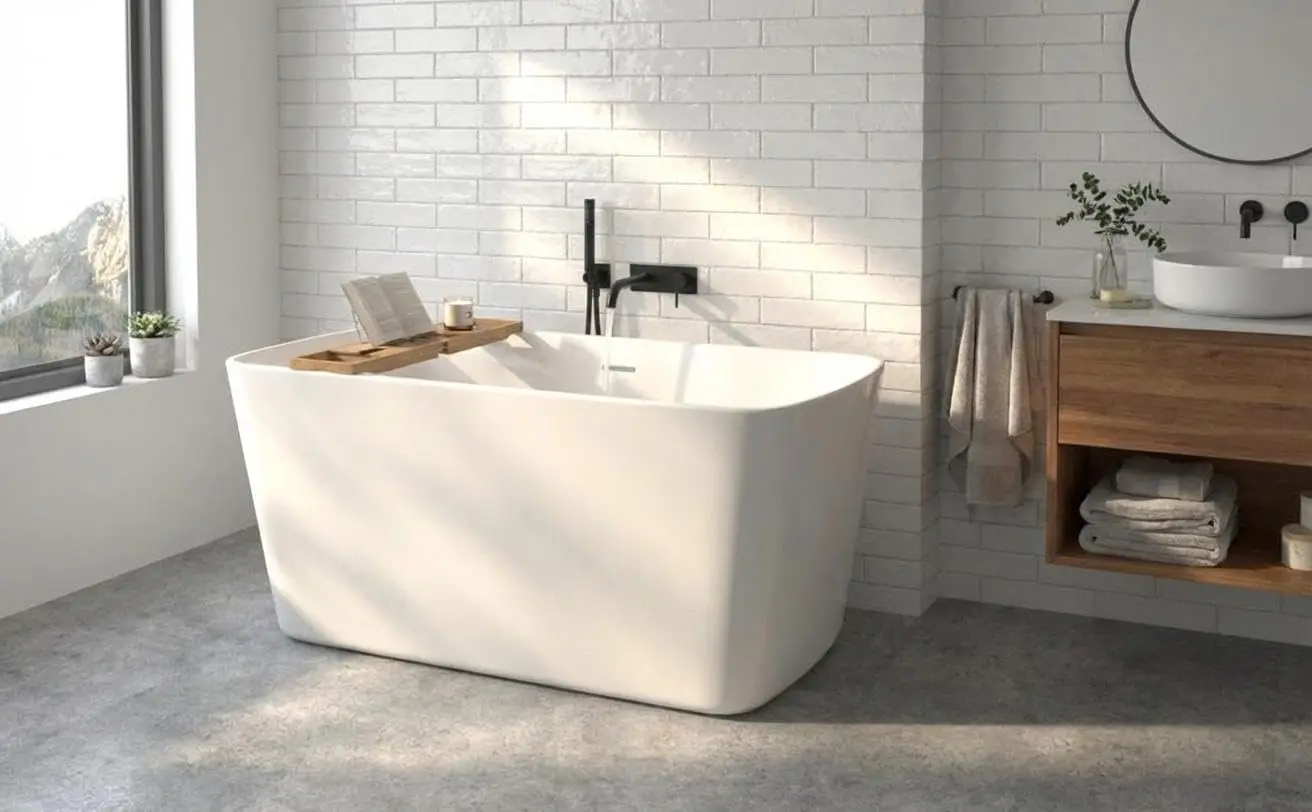 

55 Inch Small Square Freestanding Bathtub White Acrylic Deep Soak Tub for Narrow Spaces Home Bathroom Soaking Tub