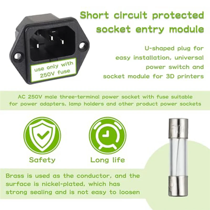 AC88-1 Set AC 250V 10A 2 In 1 Mount Inlet Module Plug Socket Power Entry Connector Male Blades With 10A Fuse(Pack Of 6Pcs)