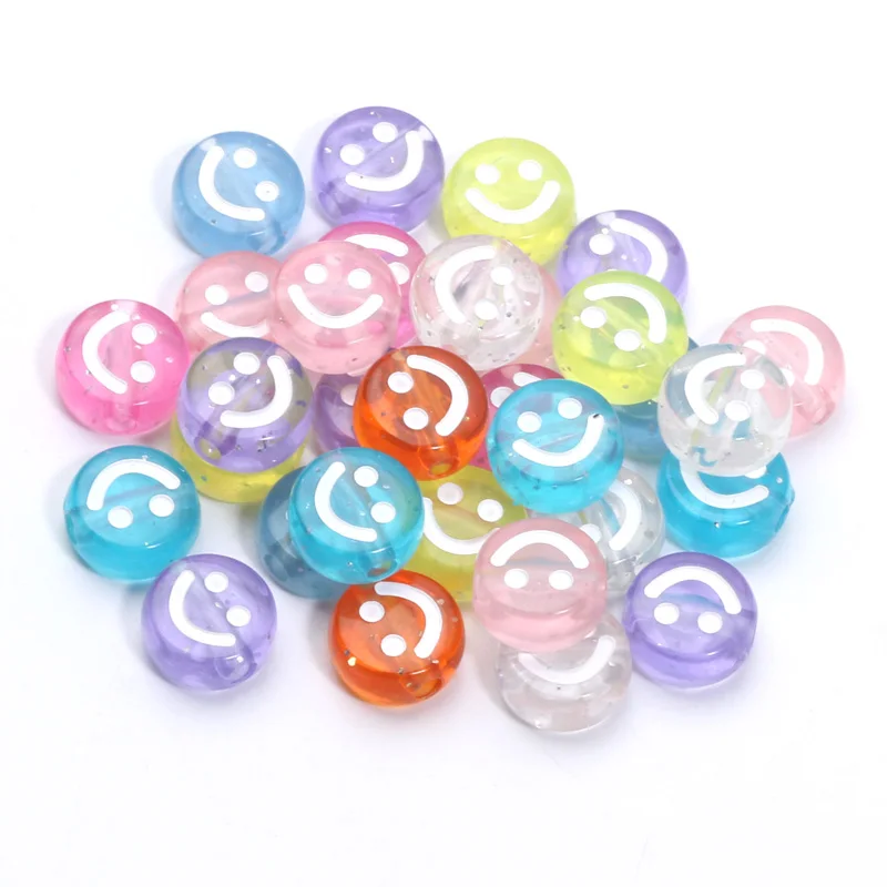 Transparent Colored Flat Round Spacer Beads Necklaces 10mm 30pcs Smile Pattern Acrylic Beads For Jewelry Making DIY Accessories