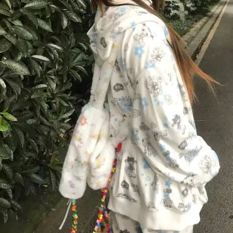 Japanese Cartoon Print Fluffy Chic Backpack Women Kawaii Cute Rabbit Ears Backpacks Girls Students Fashion Ins Schoolbags Trendy