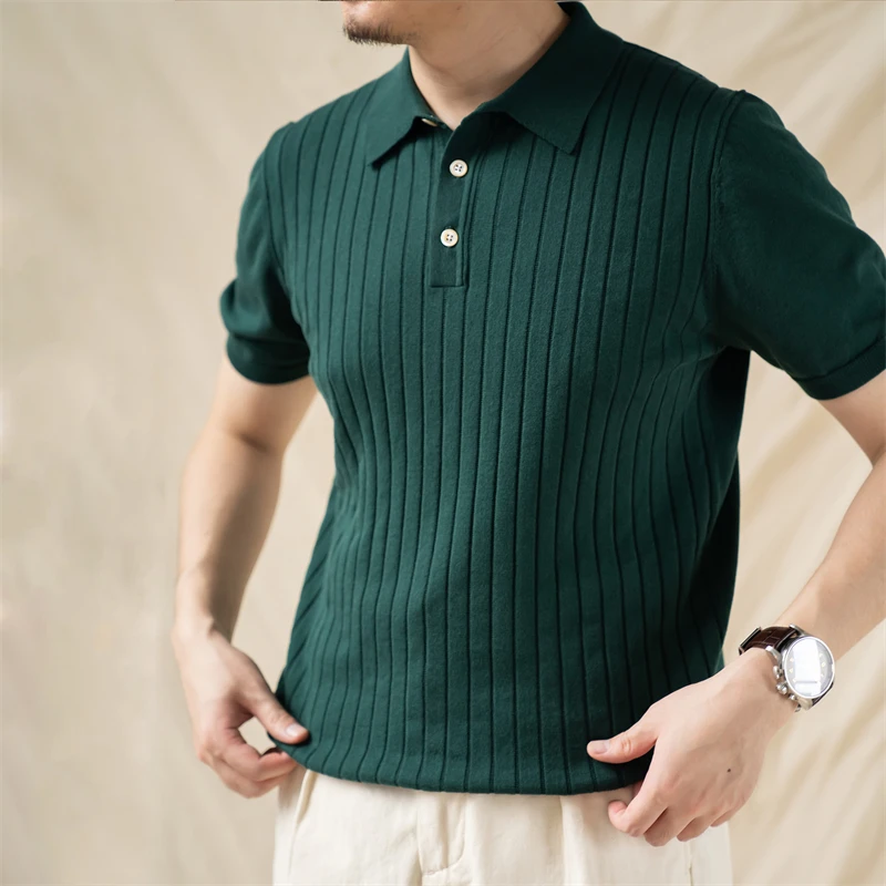 Red Tornado Ribbed Knit Polo Shirt Vintage Fashion Striped Short Sleeve T-Shirts