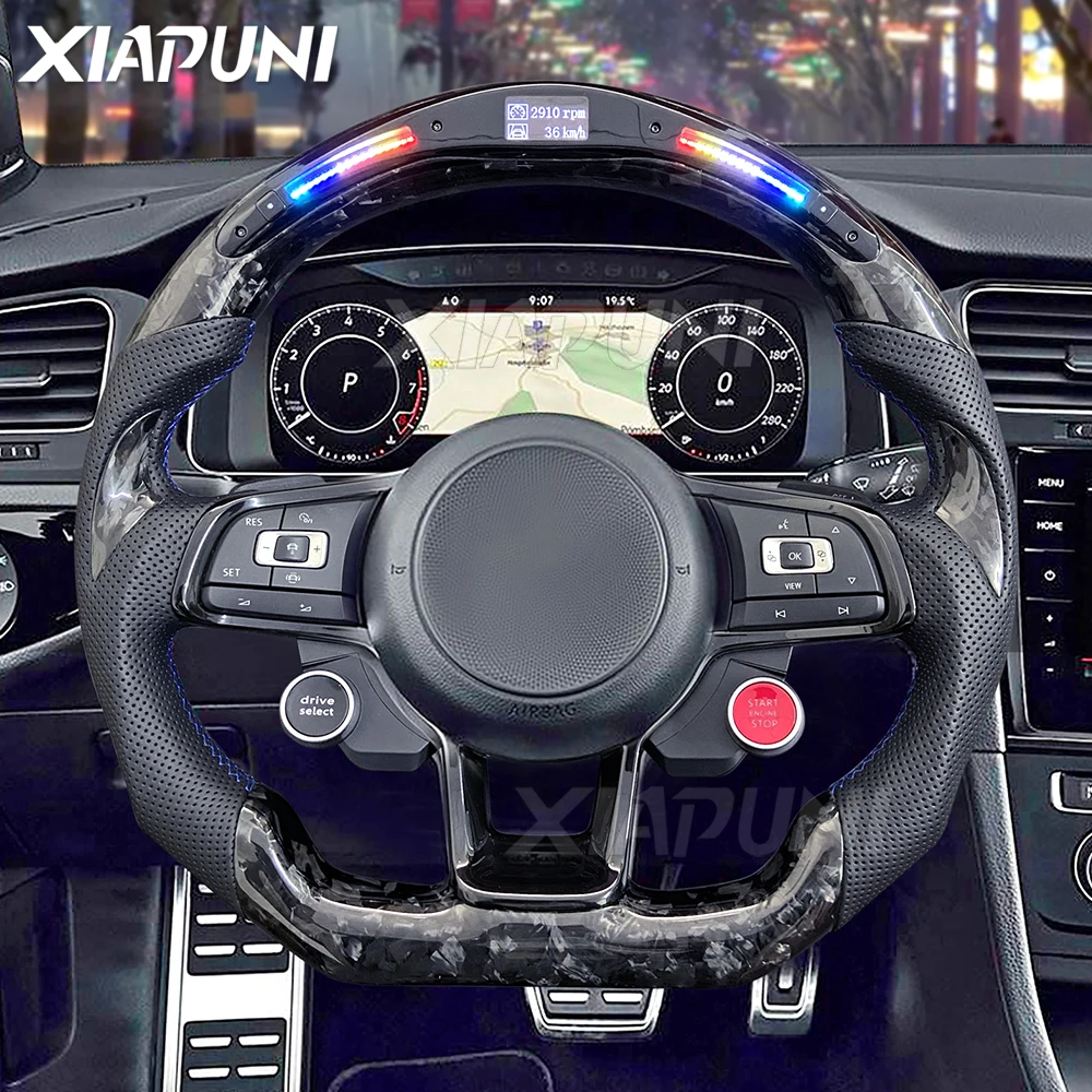 For VW Steering Wheel Golf 7 MK7 Mk7.5 GTI Scirocco Polo GTS R Line 2014-2017 Forge Carbon Fiber Customized LED RPM Racing Wheel