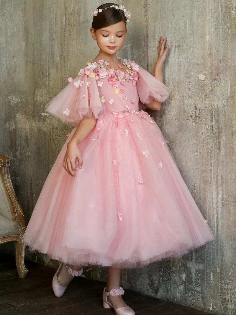 Vintage Boutique Party Dress for Girls Infants Beading Flowers Tulle Ball Gown Kids Design Princess Pink Bridesmaid Dresses