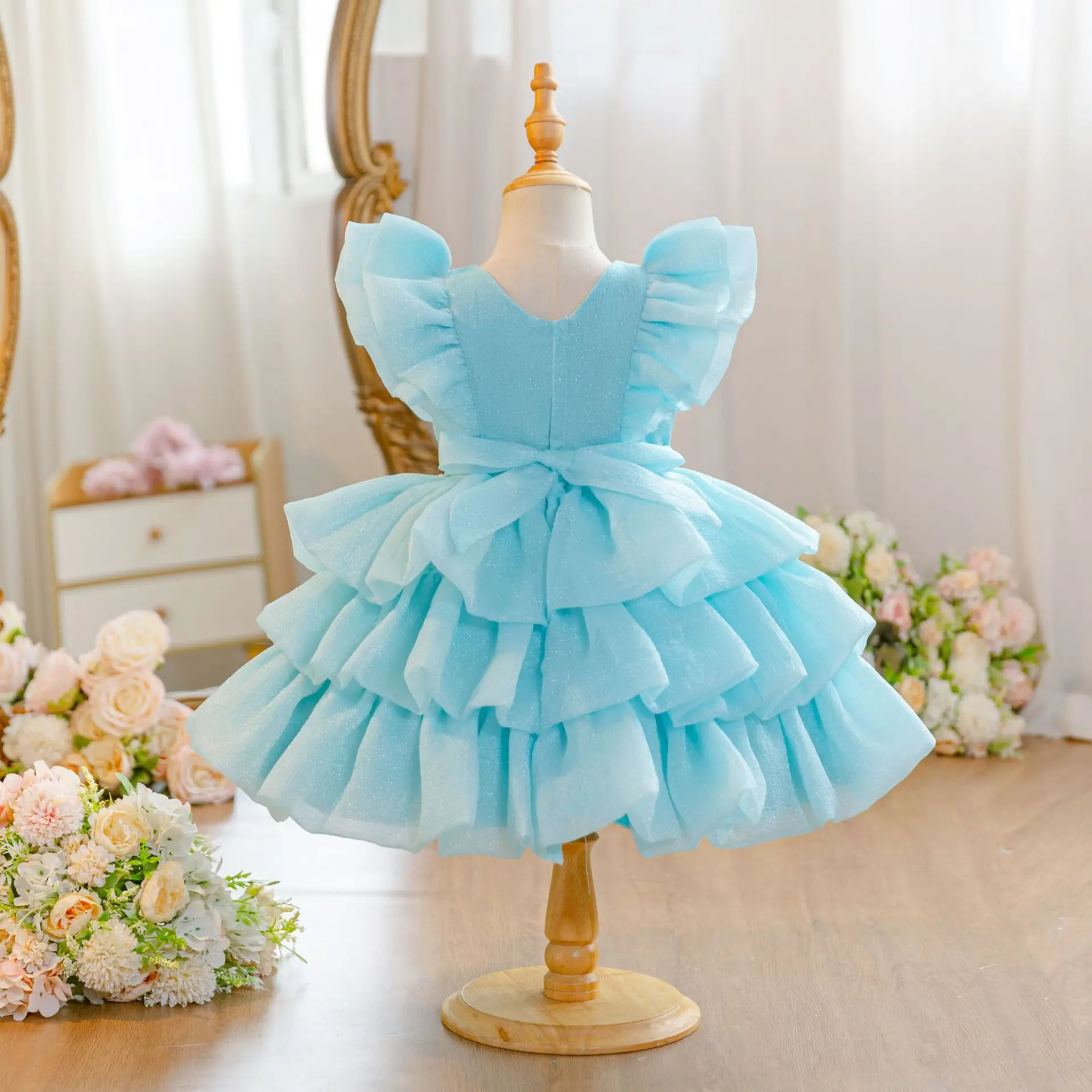 HETISO Girls Layered Dress Puff Sleeve Children Tulle Ball Gown Cute Celebration Kids Party Pageant Formal Costume 1-5 Years
