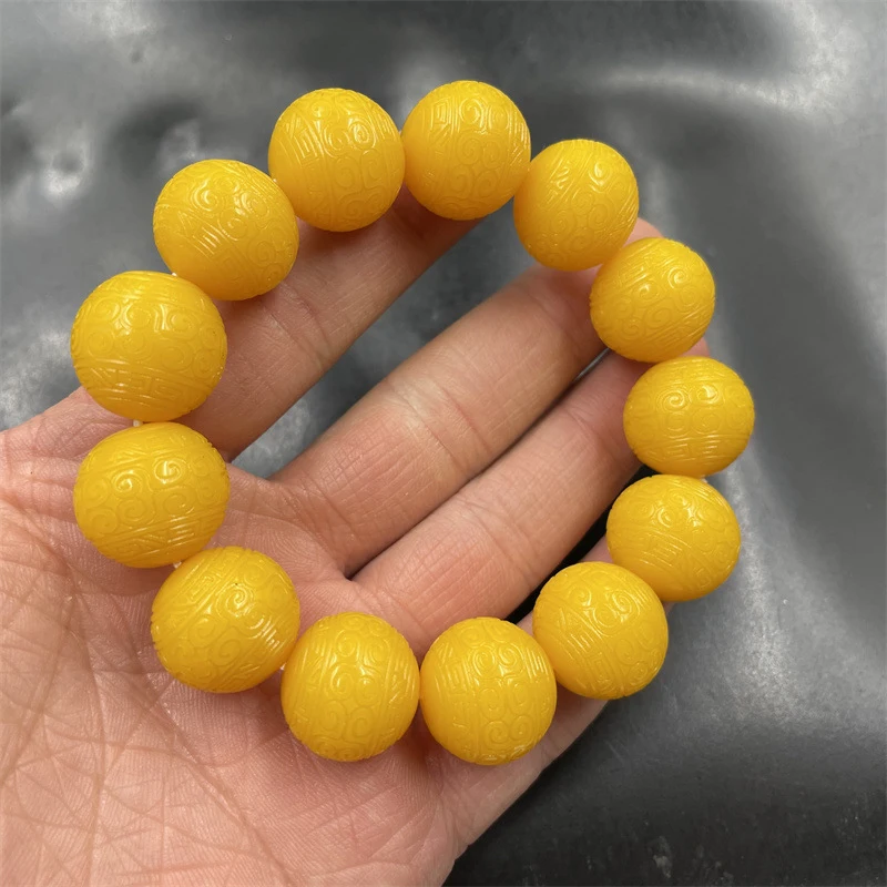 Second-generation engraved chicken-fat yellow amber honey-bead bracelet