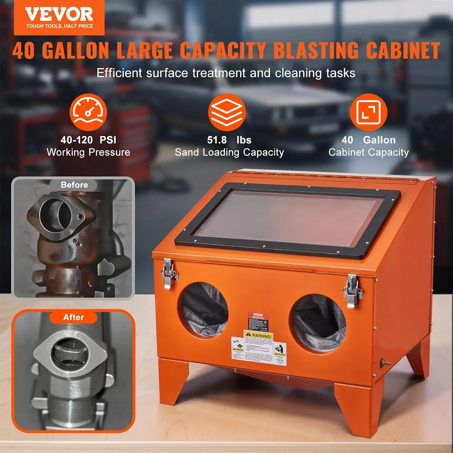 40 Gallon Sandblasting Cabinet, 40-120PSI Portable Benchtop Sand Blasting Cabinet, Heavy Duty Steel Sand Blaster with Blasting &
