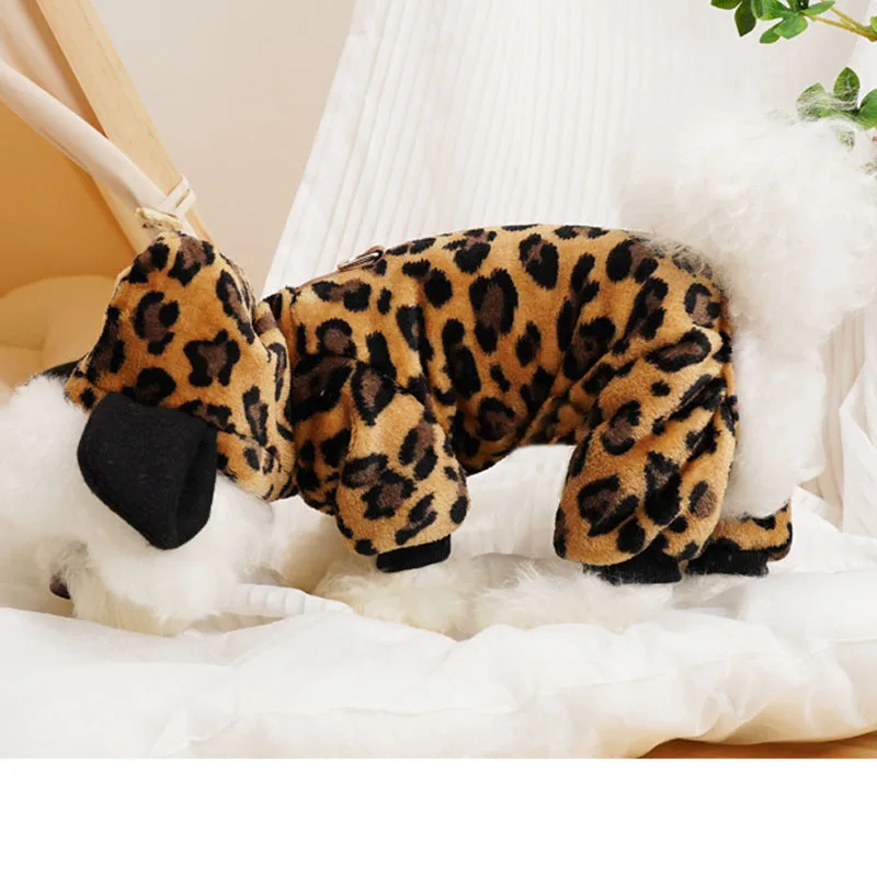 冬の犬服ヒョウフード付きパジャマジャンプスーツ犬フリースオーバーオールトラックスーツ服子犬ロンパースボディスーツチワワ