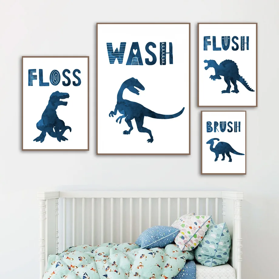 Navy Blue Dinosaur Skeleton Wall Art Print Canvas Painting Wash Brush Floss Flush Nordic Poster Wall Picture Baby Boy Room Decor