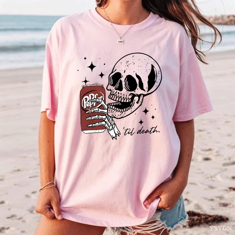 Till Death T-shirt Skeleton Halloween Tshirt Cute Dr Pepper T Shirt Skeleton Drinking Graphic T Shirts Cotton Short Sleeve Tees