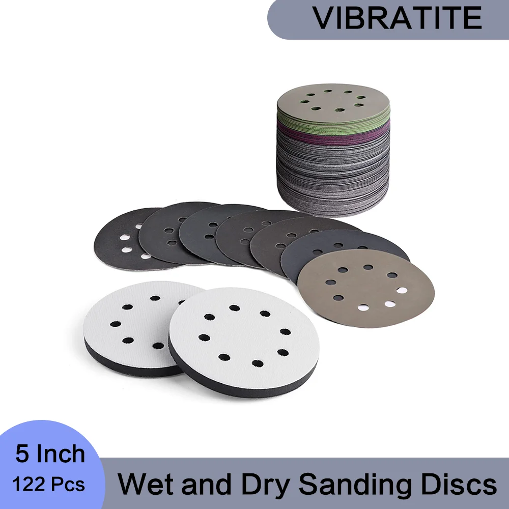 5 Inch 8 Holes Wet and Dry Sanding Discs Hook & Loop Sandpaper with 2pcs Interface Pads for Polishing Plastic Stone Glass