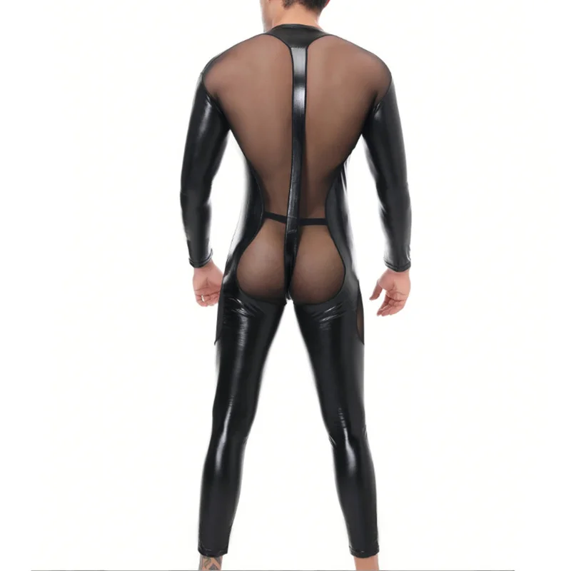 Mens Underwear Jumpsuits Patent Leather Catsuit One-piece Bodysuit Clubwear Stage Leotard Zipper Open Crotch Wrestling Singlet