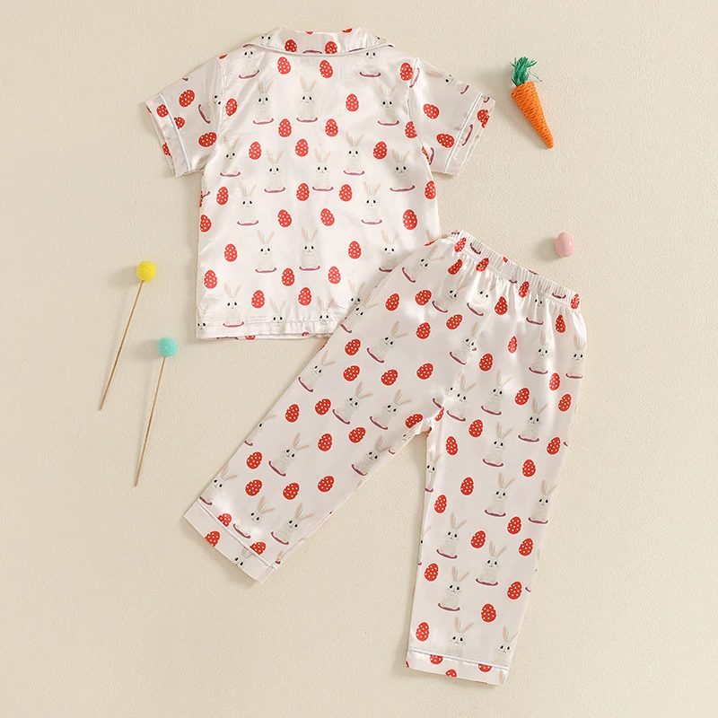 Adorable Toddler Easter Pajama Set with Bunny and Chick Print Short Sleeve Button-up Tops and Long Pants 2 Piece Sleepwear