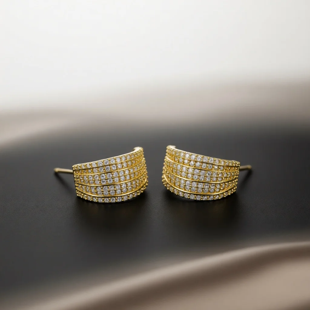 Glam Silver Copper Hoop Earrings, Multi-row Curved Band, Full Paved Zircon, Thick C Shape, Jewelry for Banquet,  Daily Wear