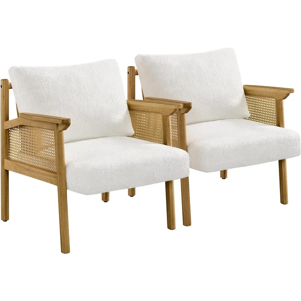 

Living Room Chair 2 PCS with Rattan Back Arms, Mid Century Boucle Vanity Upholstered Chairs, Living Room Chair