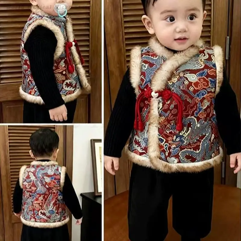 

Children's New Chinese Style Vest Kids Boys Thick Warm Sleeveless Jacket Baby Tang Costume Tops Spring Festival New Year Clothes