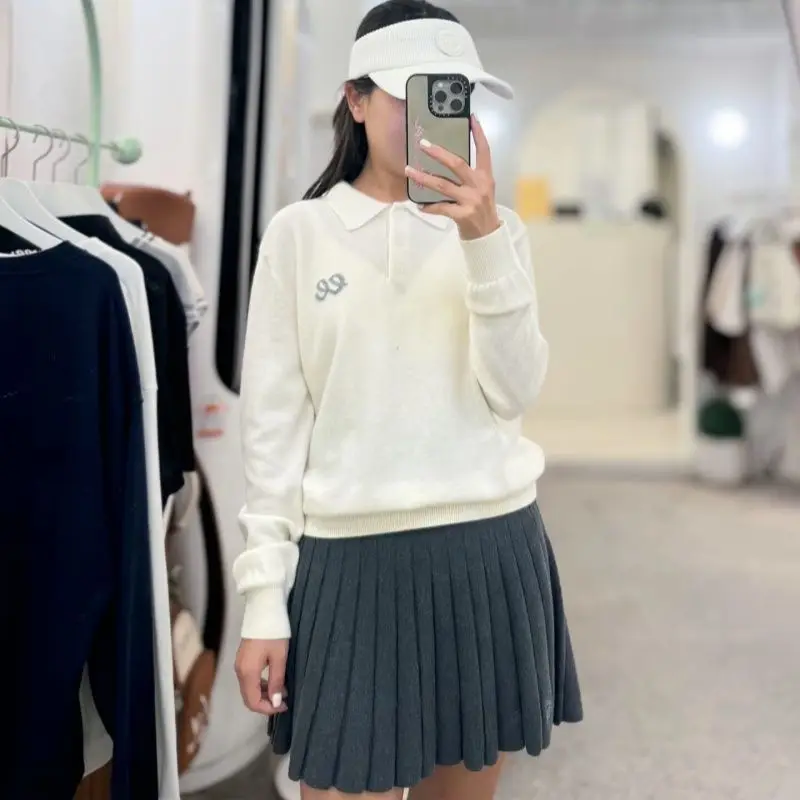 

New Golf Apparel Women's Long-Sleeve Sweater Loose-Fit Fashionable Sports Knit Cardigan Collar Top